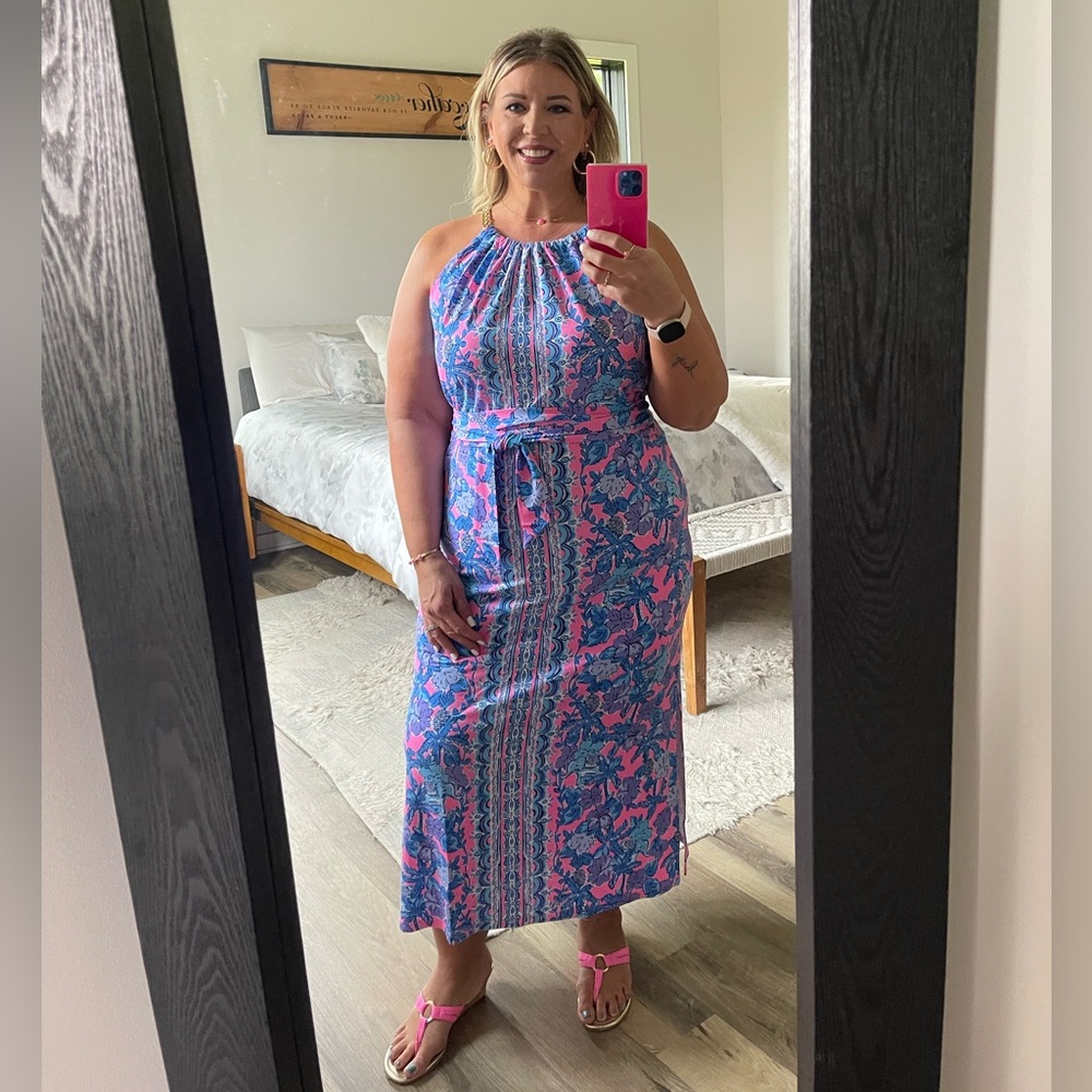 Lilly Pulitzer Floral Halter Maxi Dress with Chain Strap and Belt
